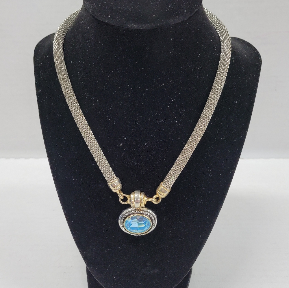 Vintage Necklace, 17" Long, Blue Stone, Silver/Gold Tone Metal